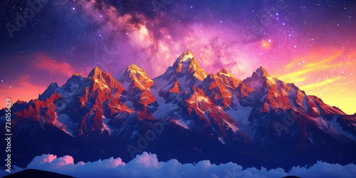 Sunset Glow on Snowy Mountains Under Starry Sky #726155629