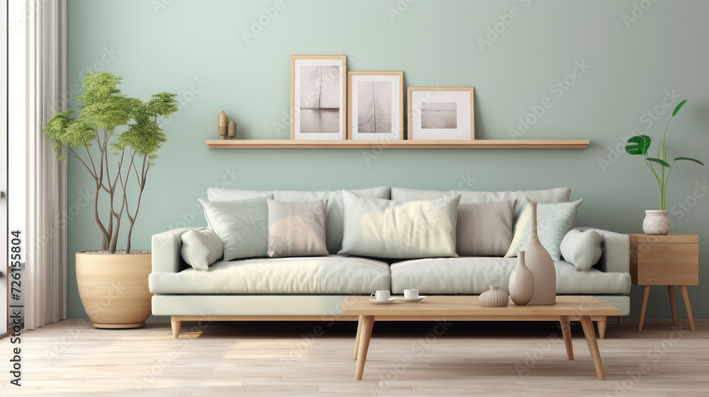 Stylish interior design living room modern mint sofa wooden consol, cube, coffee table lamp Stylish interior design living room modern mint sofa wooden consol, cube, coffee table lamp