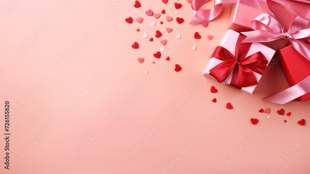 Top view photo of trendy gift boxes with ribbon bows and red rose on isolated pastel color background Top view photo of trendy gift boxes with ribbon bows and red rose on isolated pastel color background