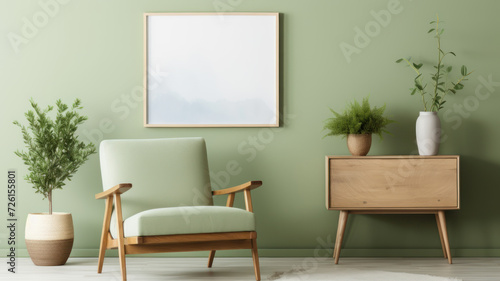 Stylish living room interior design  mock up poster frame frotte armchair wooden side table © wiparat
