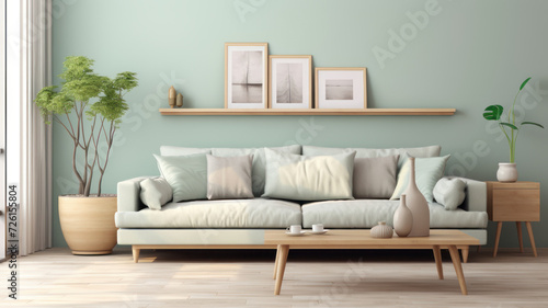 Stylish interior design living room modern mint sofa wooden consol, cube, coffee table lamp