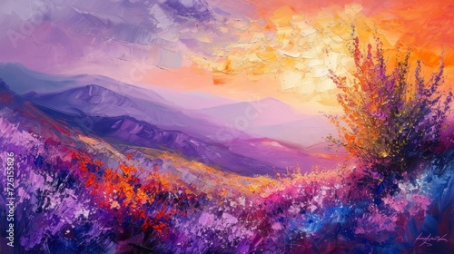 Lavender flowering and lilac colors oil painting
