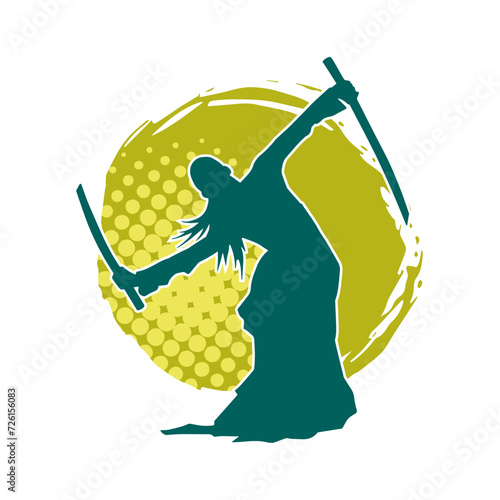 Silhouette of a female fighter in action pose carrying sword weapon.
