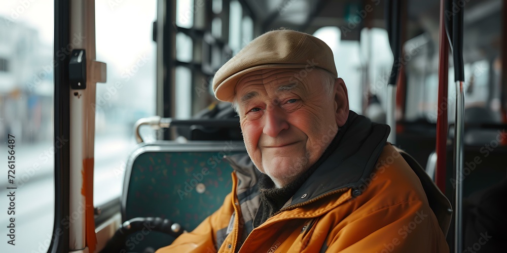 Elderly man enjoying a bus ride in the city. candid portrait, warm smiling face. urban daily life captured. AI Elderly man enjoying a bus ride in the city. candid portrait, warm smiling face. urban daily life captured. AI