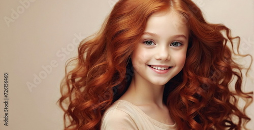 Beauty long red haired little girl with clean fresh skin on beige background. Care cosmetics for hair , hairstyle for children concept. Banner. Copy space.
