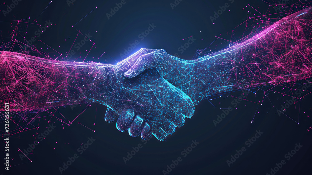 Handshake in digital futuristic style. The concept of partnership - obrazy, fototapety, plakaty 
