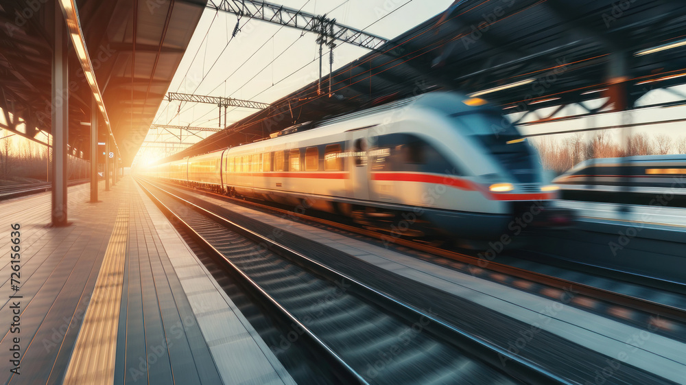 High speed train motion railway station sunset. Fast moving modern passenger train railway platform Railroad motion blur effect High speed train motion railway station sunset. Fast moving modern passenger train railway platform Railroad motion blur effect
