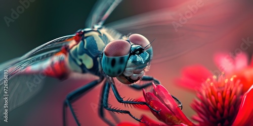 Vibrant close-up of a dragonfly on a red flower. perfect for nature enthusiasts and designers. high-resolution, detailed macro photography. AI #726156893