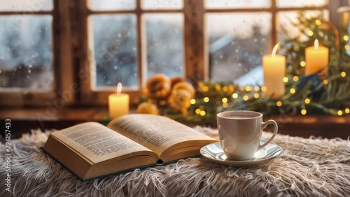 Background video. reading a book in a cozy place, snow outside the window. A moment of bliss.　