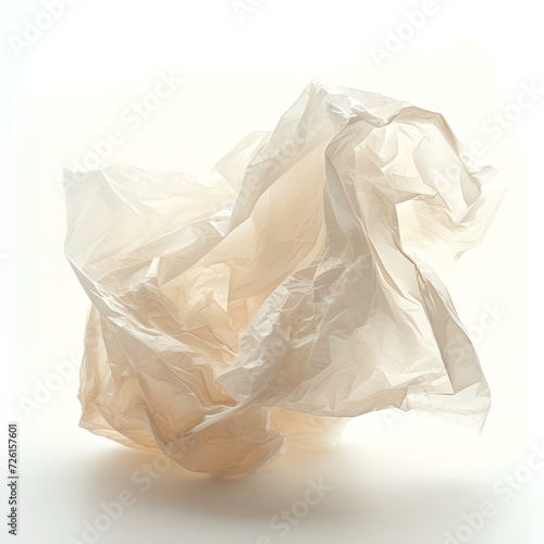 Ethereal translucent plastic bag floating against a white backdrop. minimalist art concept . AI