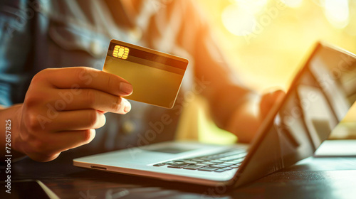 Close-up of a person's hand holding a gold credit card, making an online payment on a digital tablet, concept of modern financial transactions.