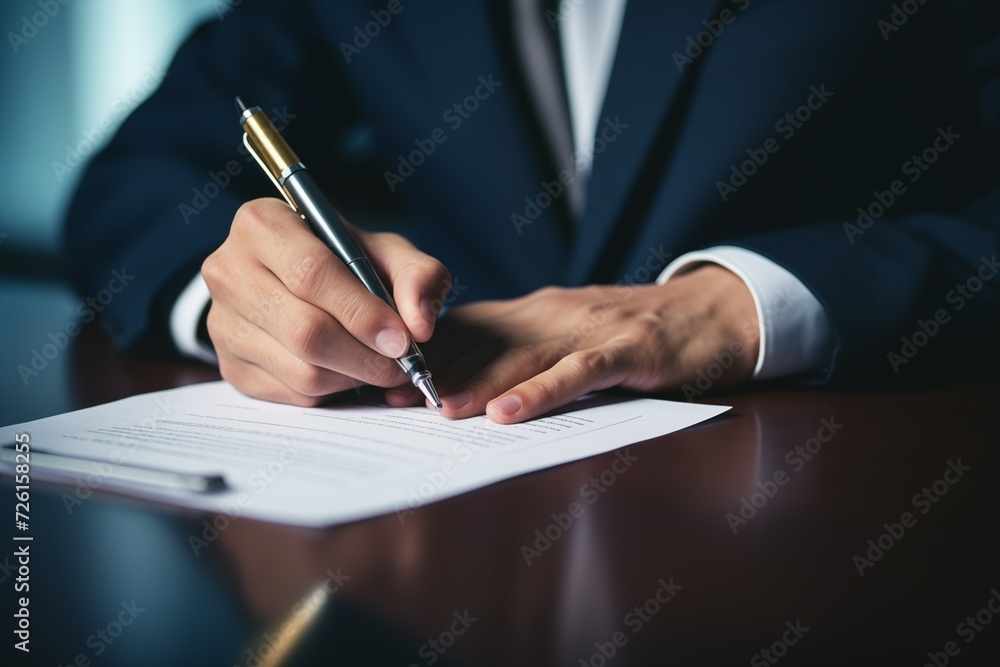 A man in a suit signing a document. A man in a suit signing a document.