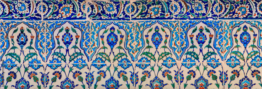 Ornate blue Iznik tiles with floral Islamic patterns, traditional Ottoman style in Istanbul, Turkey