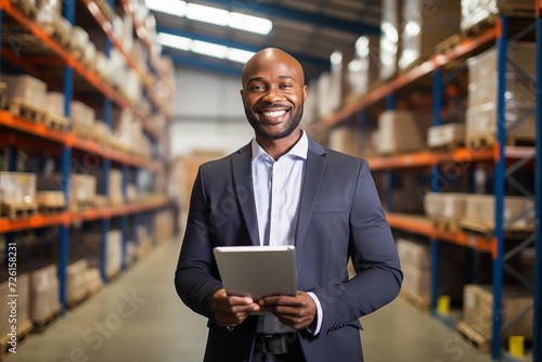 An African American man in a suit confidently holds a tablet in a warehouse, showcasing professionalism and technology expertise.