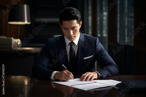 A man in a suit writing on a paper with a pen, focusing on his work with utmost concentration.