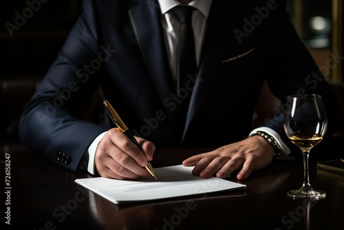 A professional man in a suit focusedly writes on a notepad, displaying dedication and attention to detail.