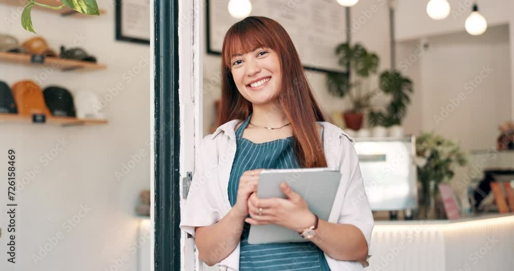 Tablet, face and waitress at door of coffee shop with positive, good and confident attitude. Happy, smile and portrait of young female barista with digital technology at cafeteria or restaurant. Tablet, face and waitress at door of coffee shop with positive, good and confident attitude. Happy, smile and portrait of young female barista with digital technology at cafeteria or restaurant.