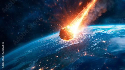 A rock crashing into the earth seen from space. A rock crashing into planet earth. Disaster from space. Last day of earth. Generative AI
