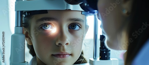 A young eye doctor employing a non mydriatic camera on a young girl.