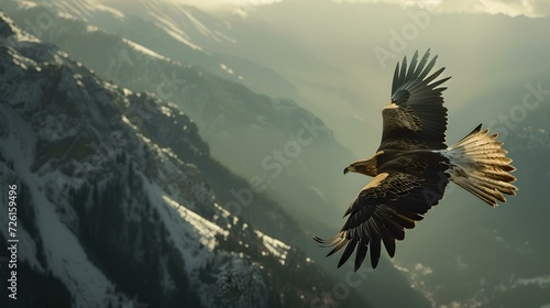 Majestic eagle soaring high above snowy mountain peaks. nature's freedom in flight captured. serene wildlife scene. perfect for nature enthusiasts. AI