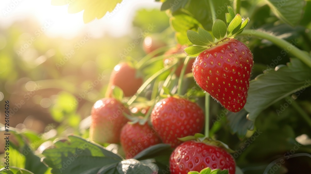 A Close-Up Capture of Ripe Strawberries Basking in Sunlight, Their Luscious Red Hue Signaling Readiness for Harvest.