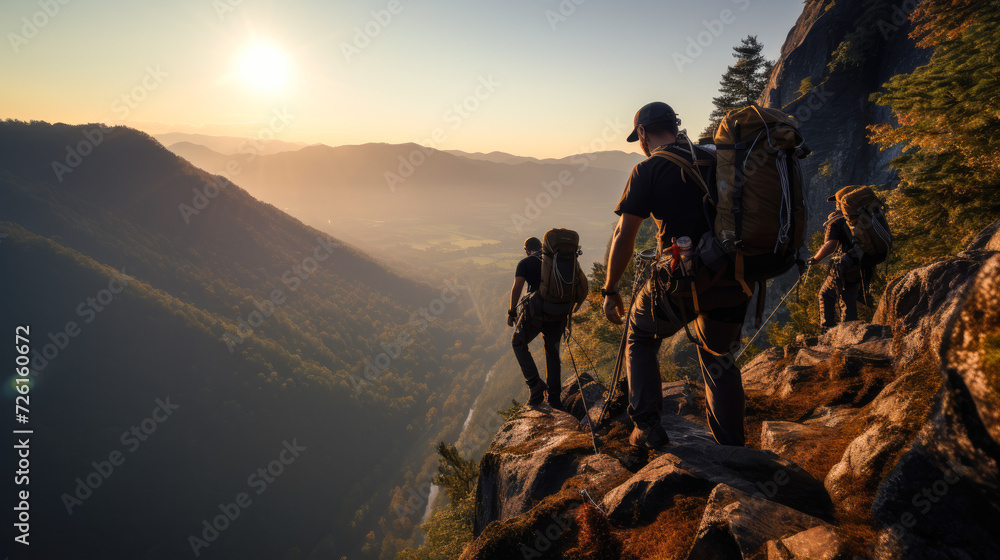 Rock climbing, Cliff ascent, Dynamic angles, Emotive expressions, Breathtaking views, Harness and gear, Group camaraderie, Mountainous backdrop, Scaling heights