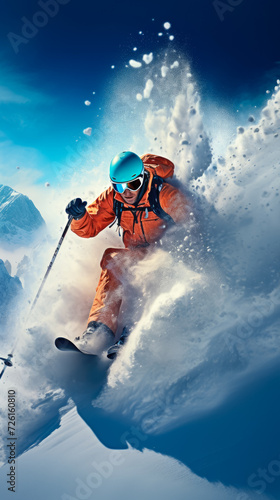 Skiing in Alps, Snow-covered peaks, Action-packed descents, Winter sports thrill, Skiing equipment, Alpine vistas, Powder snow landscapes, Energetic athletes, Snow adventure, Frosty escapades