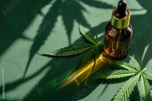A Glass Bottle with Dropper, Holding a Golden Liquid, Possibly Oil, Positioned Next to a Cannabis Leaf. Against a Green, Shadowy Background.