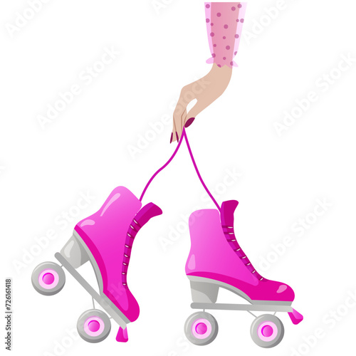 Female hand holding retro roller skates. Girls wearing roller skates. trendy illustration of rollerblades. Vector illustration isolated on white background