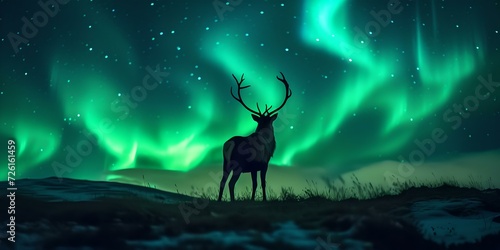 Majestic deer silhouette under northern lights in a starry night sky. serene wilderness landscape. ethereal natural wonderland. AI © Irina Ukrainets
