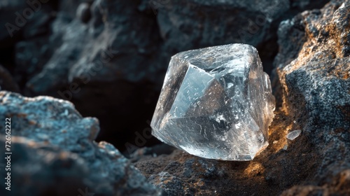 A clear, uncut diamond resting on rugged stones