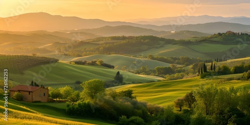 Golden hour over rolling hills  serene landscape with a rustic house. warm light caressing the valleys. ideal for travel and nature themes. AI