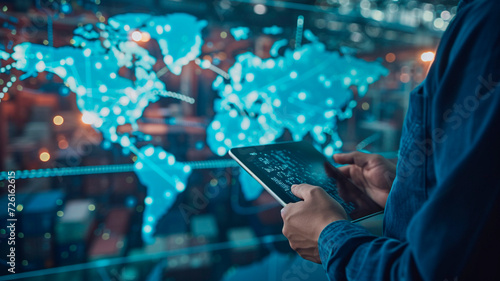 Digital logistics innovation in freight transportation, import-export: a manager uses a tablet for online tracking and control of cargo delivery against a city world map backdrop. Generative AI