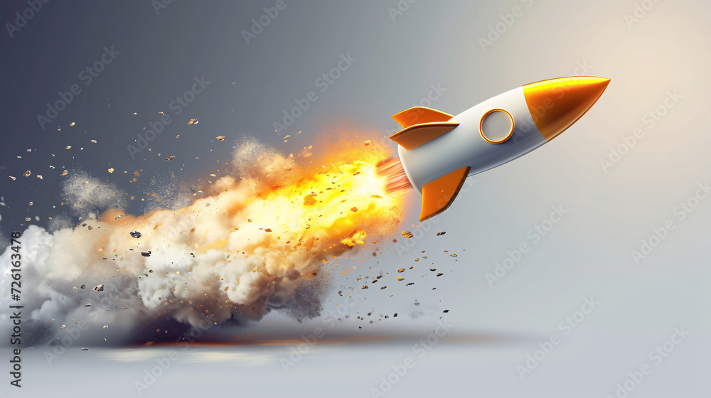 An illustration of a rocket and copy space to promote bitcoins and start a business