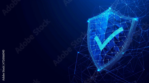 The secure technology is illustrated by a polygonal wire shield decorated with a checkmark symbol on a dark blue background. It represents a secure service that provides data protection. Generative AI photo