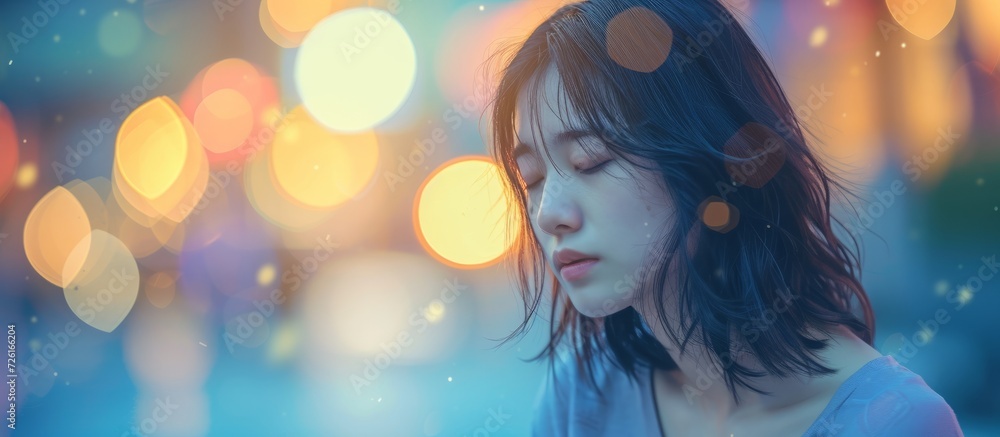 Emotionally exhausted young Asian woman in bokeh light DOF.