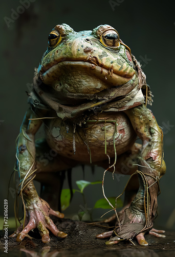 A close up portrait of a fantasy frog character wearing like human, in proud confidence pose, Cartoon movie poster  