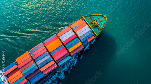 A top-down perspective of a container ship navigating at full speed towards the harbor, discharging cargo at the seaport, involving shipping, delivery, logistics, import-export. Generative AI