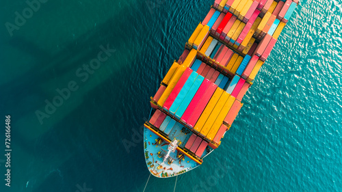 A top-down perspective of a container ship navigating at full speed towards the harbor, discharging cargo at the seaport, involving shipping, delivery, logistics, import-export. Generative AI © Yuriy Maslov
