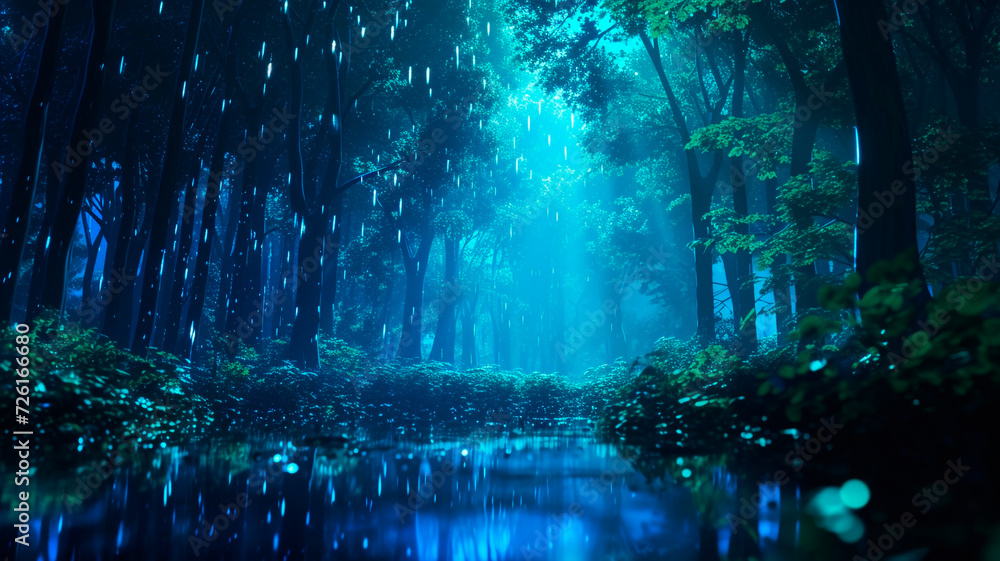 Obraz premium visualizations of the forest with deep blues and neon greens. Generative AI