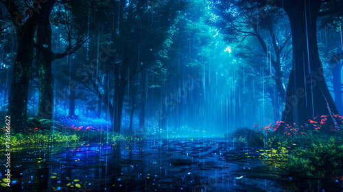 visualizations of the forest with deep blues and neon greens. Generative AI © Yuriy Maslov