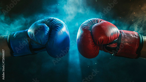 Two boxing gloves facing each other, one red, the other blue. a symbol of confrontation. light haze and spotlight. Generative AI © Yuriy Maslov