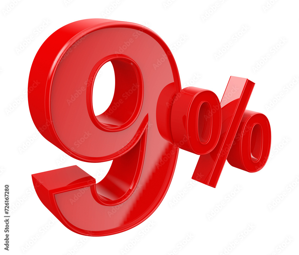 9 percent off discount number red 3d render