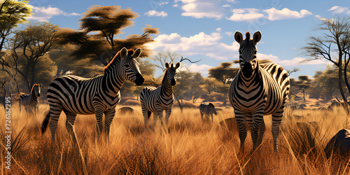 Herd of zebras in the morning sun Generative AI 