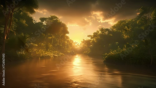 Tropical jungle landscape with Amazon jungle river at sunset. Created with Generative AI.	
 photo