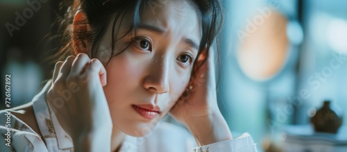 Asian woman in bathrobe admires her reflection, applying moisturizer before makeup. photo