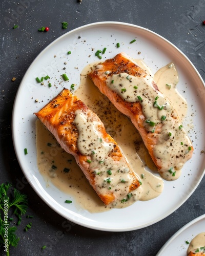 Slices of Grilled Salmon Drizzled with Creamy Mustard Chive Sauce, Artfully Presented on a White Plate