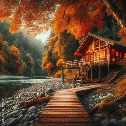 A serene riverside cabin, its wooden deck extending over calm waters.