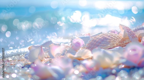 Magical Beachscape Glittering Blue Sky with White Clouds, Pearls and Many Beautiful, Colorful, Shiny Large Shells. © MdImam