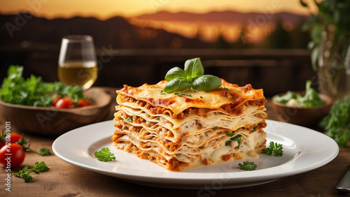 Savory layers of delicious chicken lasagna served elegantly on a pristine white plate  set against the warm backdrop of a wooden table